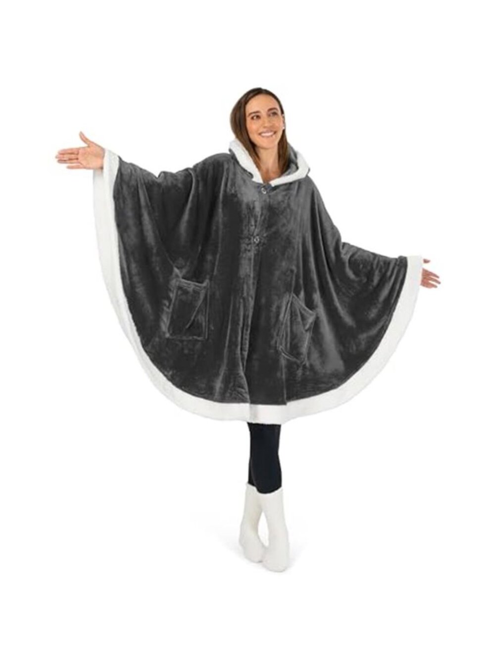 Oversized Wearable Blanket Poncho Women Hooded Fleece Sherpa Throw Shawl Pocket